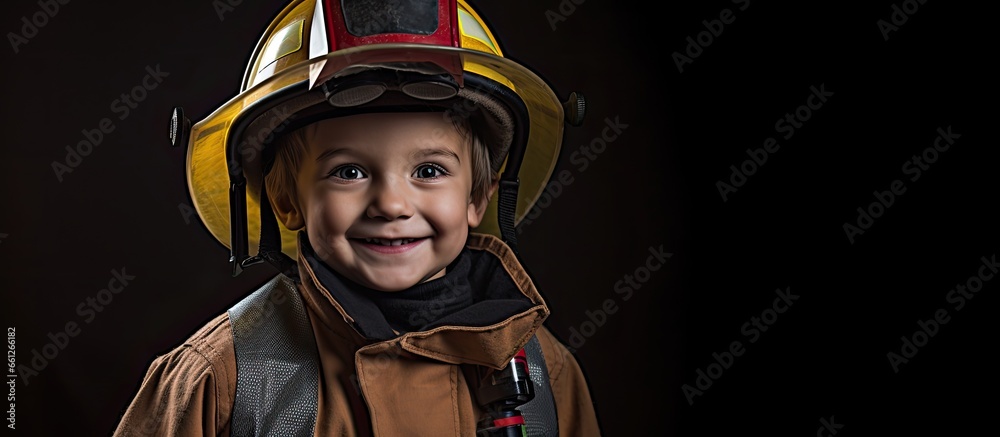 Young child playing firefighter With copyspace for text Young child playing firefighter With copyspace for text