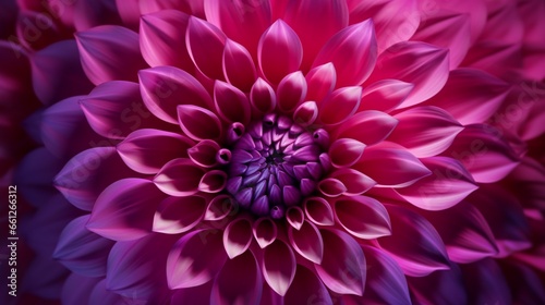 Magnificent magenta dahlia flower in an abstract close-up with beautiful petals. This dazzling, lovely flower, which is a member of the daisy family, has a gorgeous spiral or circular design in the ar