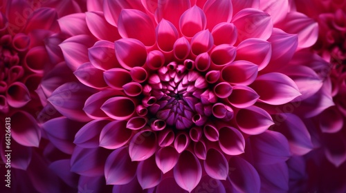 Magnificent magenta dahlia flower in an abstract close-up with beautiful petals. This dazzling, lovely flower, which is a member of the daisy family, has a gorgeous spiral or circular design in the ar