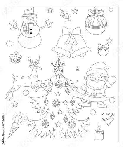 Coloring page of a decorated Christmas tree with gifts. Vector black and white illustration on white background.