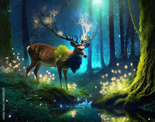 Night moon light forest and deer is drinking water 