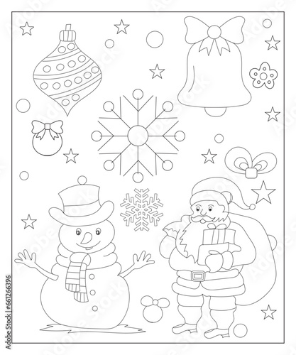 Coloring page of a decorated Christmas tree with gifts. Vector black and white illustration on white background.