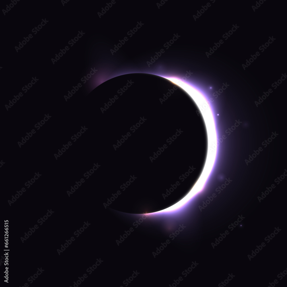 Obraz premium Sun eclipse concept. Light purple moon glow background. Solar or planet eclipse in dark space. Hot star surface flare with rays and beams effects. Vector crescent illustration