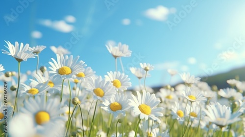 A lovely, sun-drenched summer spring meadow. With a backdrop of a clear blue sky, a natural, colorful panorama features several daisies in the wild. a softly selectively focused frame.