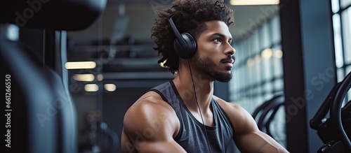 Young male wearing headphones sits on spinning stationary cycle listening to music during cardio workout in gym while facing away With copyspace for text © 2rogan