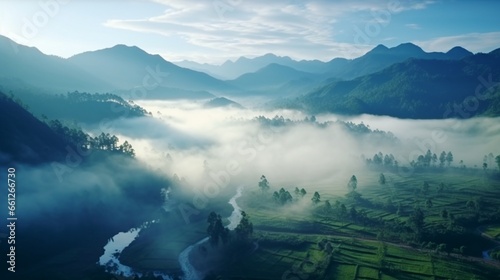 mountains in the morning mist Wonderful natural view from Kerala Image of God's own Country used in tourism and travel fresh and serene nature picture.