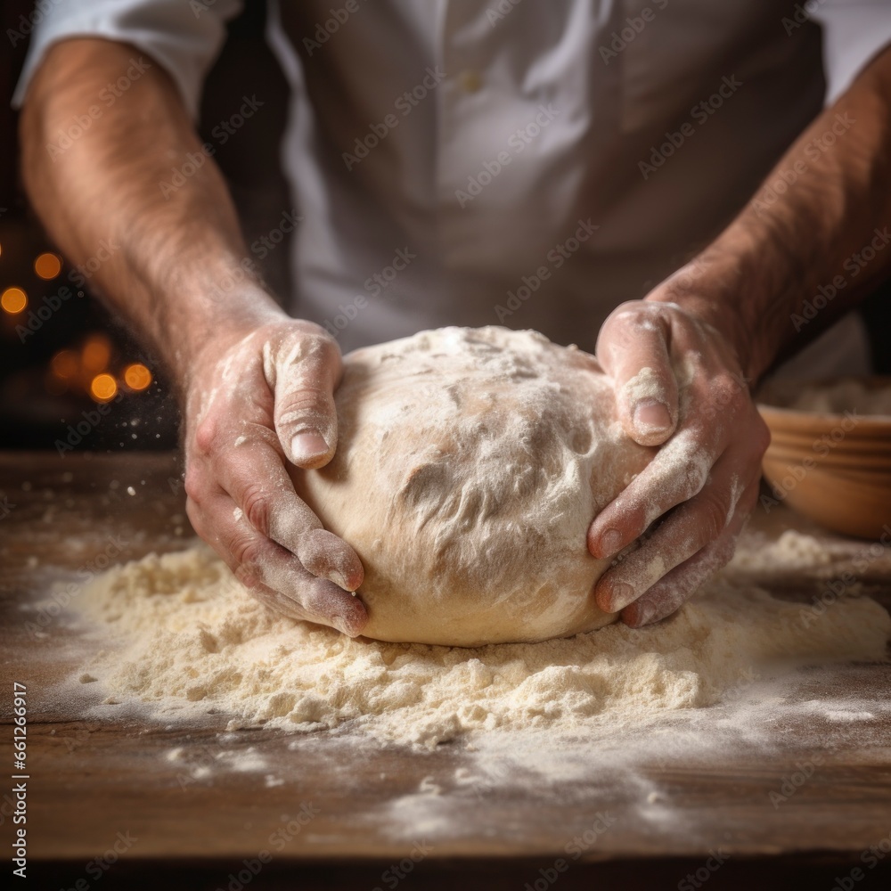 baker kneading a ball of white dough