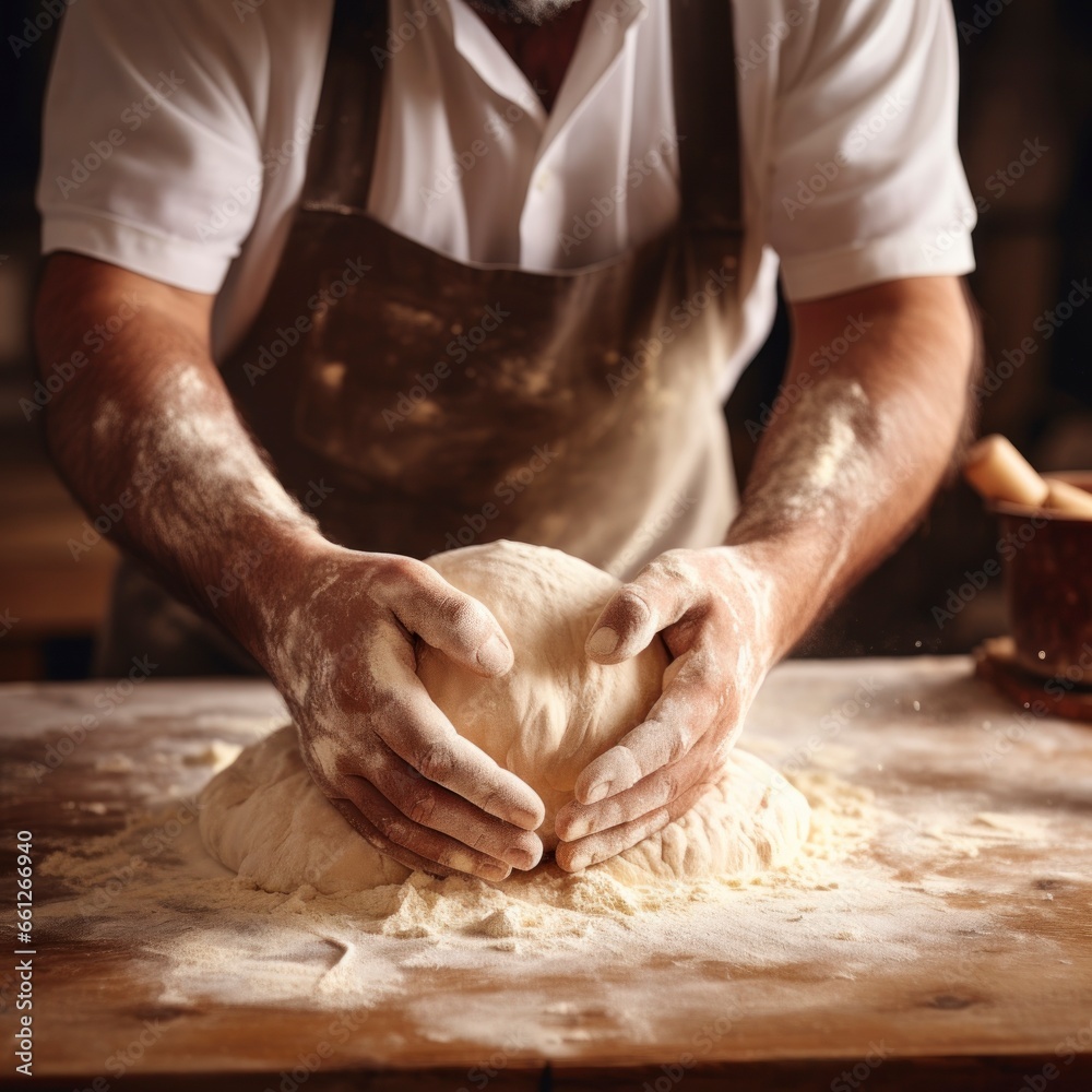 baker kneading a ball of white dough with his two hands