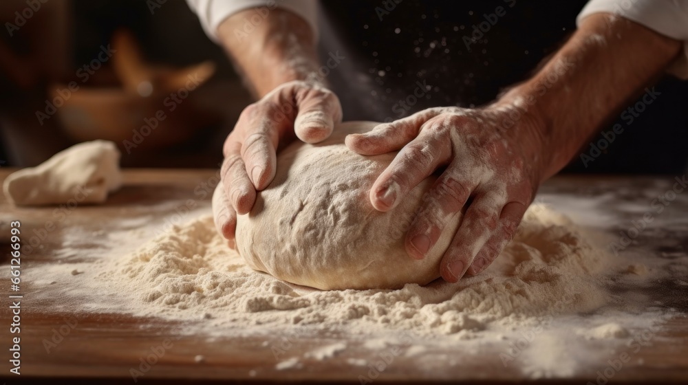 man kneading dough with his two flour-coated hands