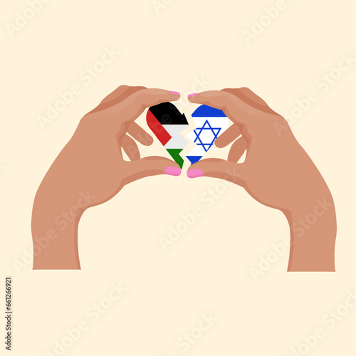 unity concept. heart shape icon with israel and palestine flags in hands. vector illustration.
