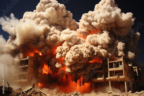 building in the middle east being bombarded. smoke and fire coming out