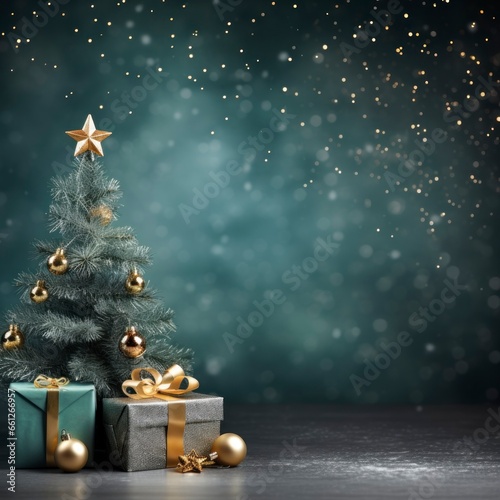 green christmas tree next to gift boxes with a star on its top