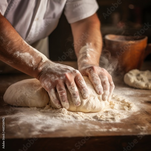baker kneading a ball of white dough with his two hands and greased arms