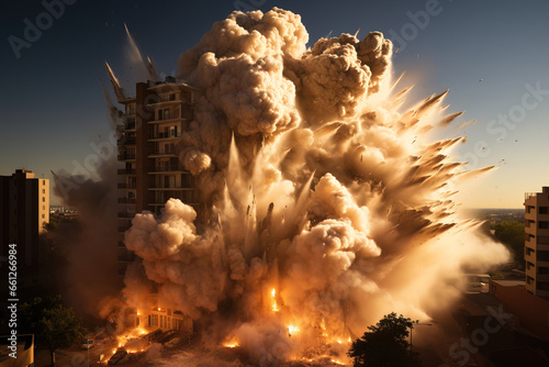 apartment building been bombarded big explosion, debris and smoke coming out. middle east. war photo