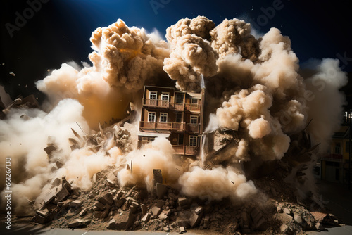 apartment building being bombarded at night and falling down. smoke dust and debris coming out.