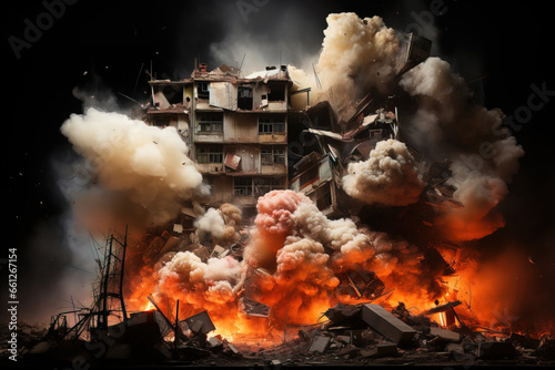 apartment building being destroyed by a missile attack. fireball dust debris. war.