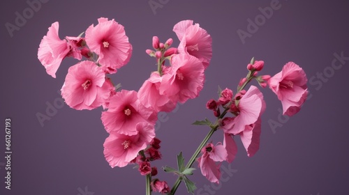On a hazy background, a dark pink Alcea rosea, often known as common hollyhock, is seen.