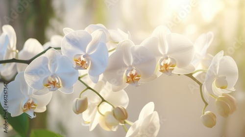 Orchids in white on a natural  hazy background.