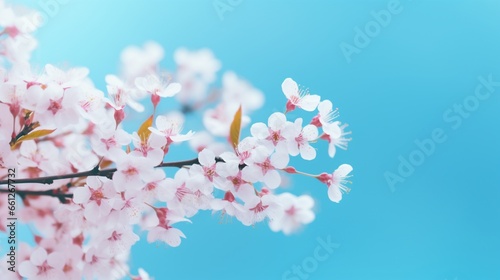 Outdoor macro shot of tiny white blossoms on a lovely blue and pink background. floral background border template for spring and summer. Free space, a delicate artistic image, and light air.