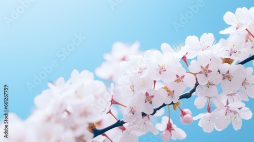 Outdoor macro shot of tiny white blossoms on a lovely blue and pink background. floral background border template for spring and summer. Free space, a delicate artistic image, and light air.