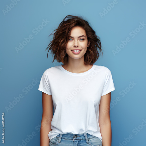 Portrait d'une jeune femme brune souriante sur un fond bleu