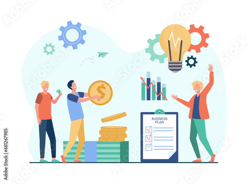 Startup presentation to potential investors vector illustration. Businessman sharing business plan and ideas, happy men funding project and investing money. Finance, investment concept