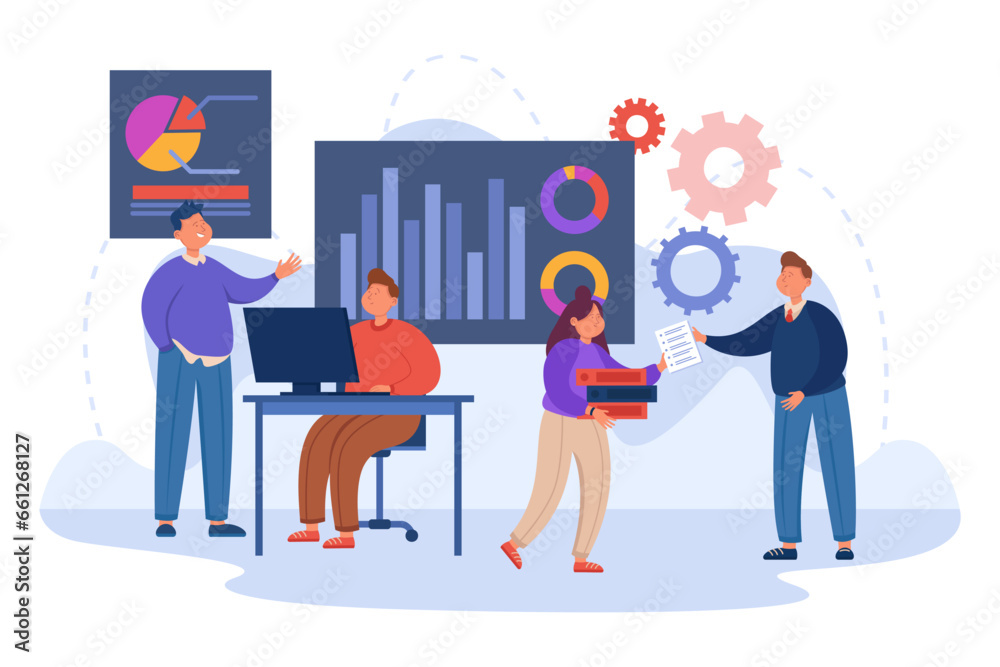 Employees helping colleagues with work vector illustration. Cartoon drawing of managers helping coworkers with data, charts and statistics. Teamwork, business, finances, assistance concept Employees helping colleagues with work vector illustration. Cartoon drawing of managers helping coworkers with data, charts and statistics. Teamwork, business, finances, assistance concept