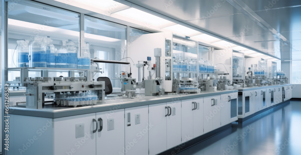 High-tech laboratory with advanced equipment inside a pharmaceutical manufacturing facility. High-tech laboratory with advanced equipment inside a pharmaceutical manufacturing facility.