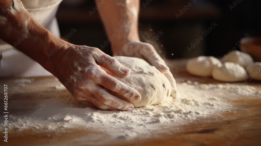 man kneading bread in a bakery in high quality and resolution