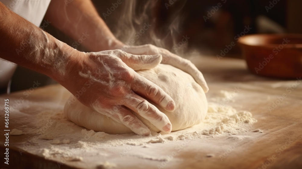kneading dough with two man hands in a bakery in high quality