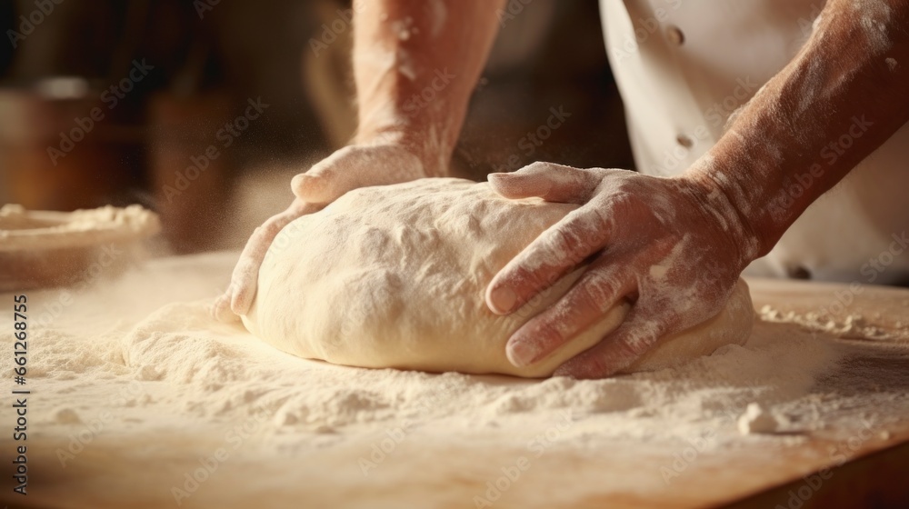 man kneading bread in a bakery