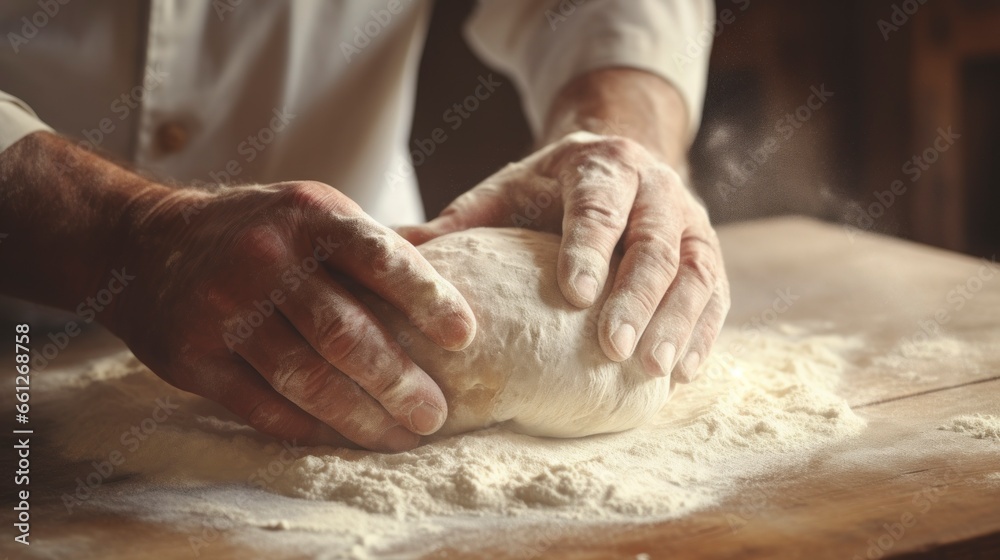 kneading a lot of bread in a bakery