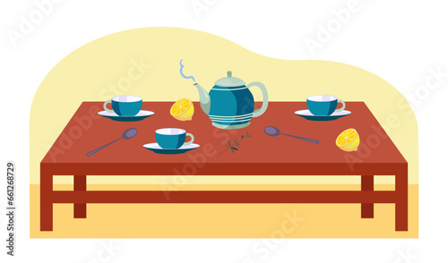 Traditional contemplative tea ceremony set vector illustration. Tea cups, spoons, teapot, lemons and herbals on table for practicing mindfulness and enjoying company. Tradition, wellness concept