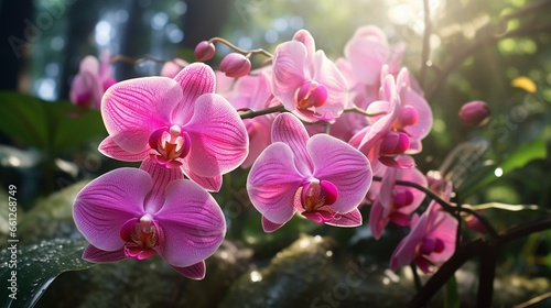 Pink orchids against a tropical background that is fuzzy.