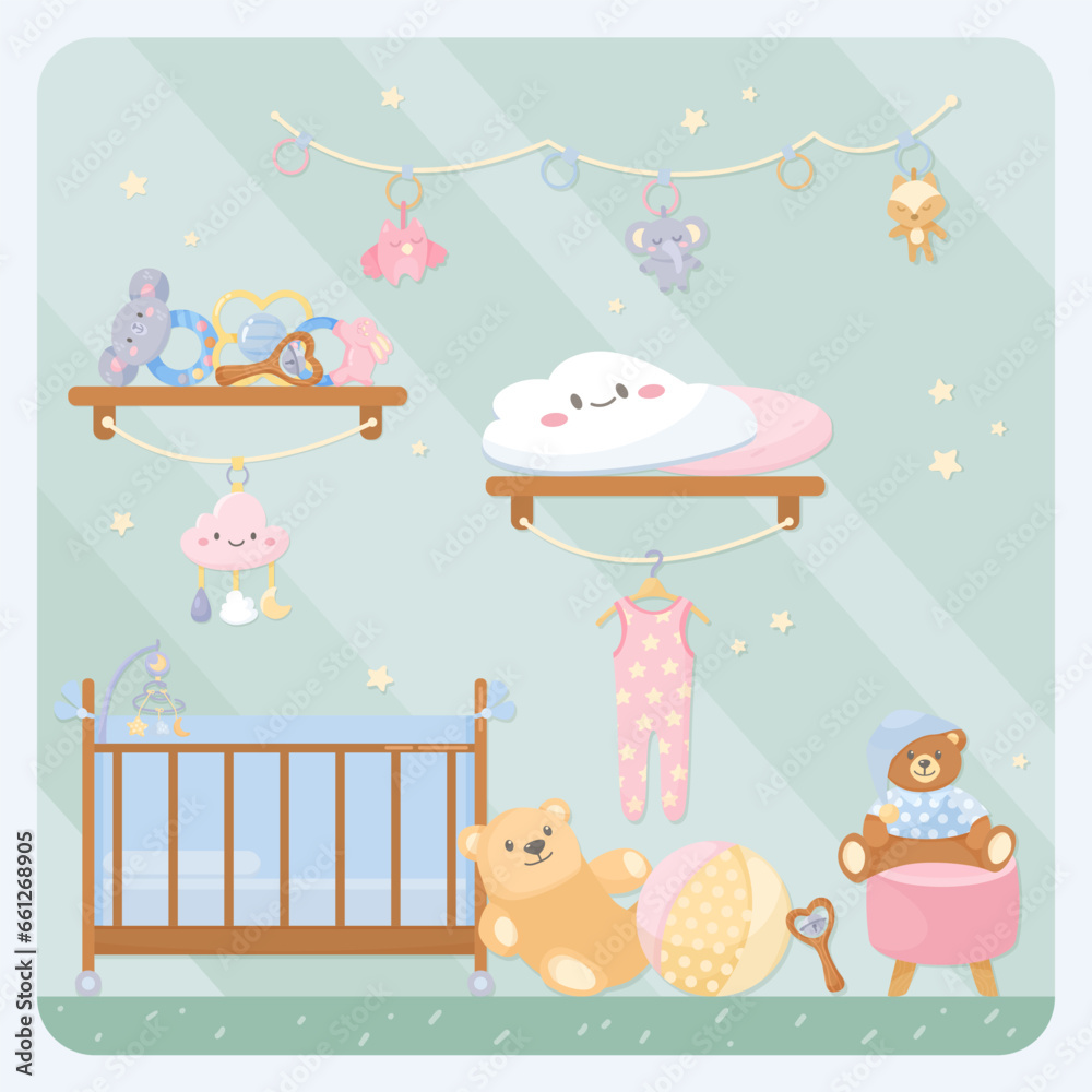 Fototapeta premium Nursery or newborn baby room interior vector illustration. Cartoon drawing of baby crib, cute toys and clothes on floor and shelves, colorful furniture. Baby care, childhood, interior concept