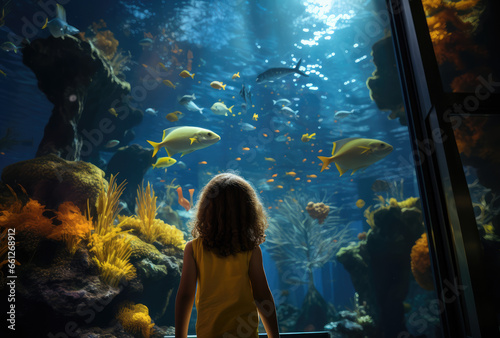 little kid looking at a big aquarium with fishes
