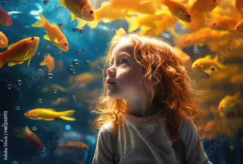 little kid looking at a big aquarium with fishes photo