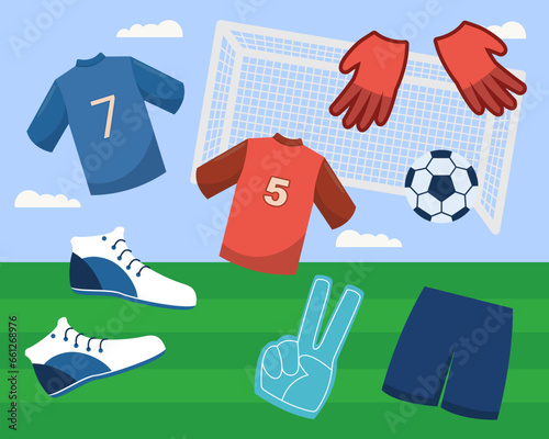 Sports gear or uniform and soccer field vector illustration. Cartoon drawing of clothing for soccer, goal, foam hand, shorts, shoes, ball, gloves. Sports, healthy lifestyle, fitness concept
