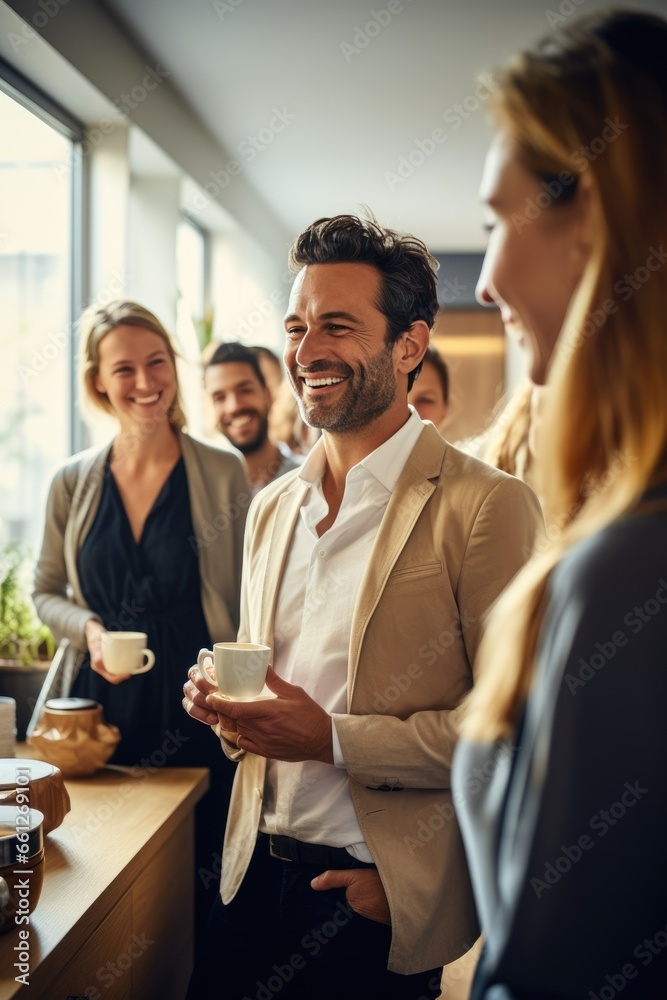 Group of men and women enjoying a coffee break in office pantry in the morning Group of men and women enjoying a coffee break in office pantry in the morning