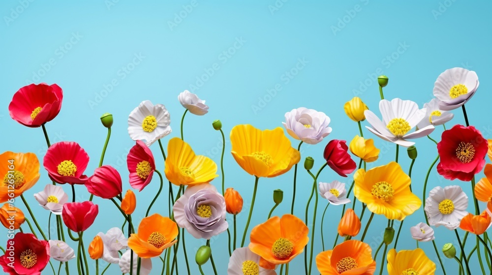 Red, yellow, and white poppies on a light blue background make up this lovely springtime colorful natural flower background.