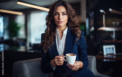 Beautiful business woman in a suit sitting in an office holding a mug of coffee