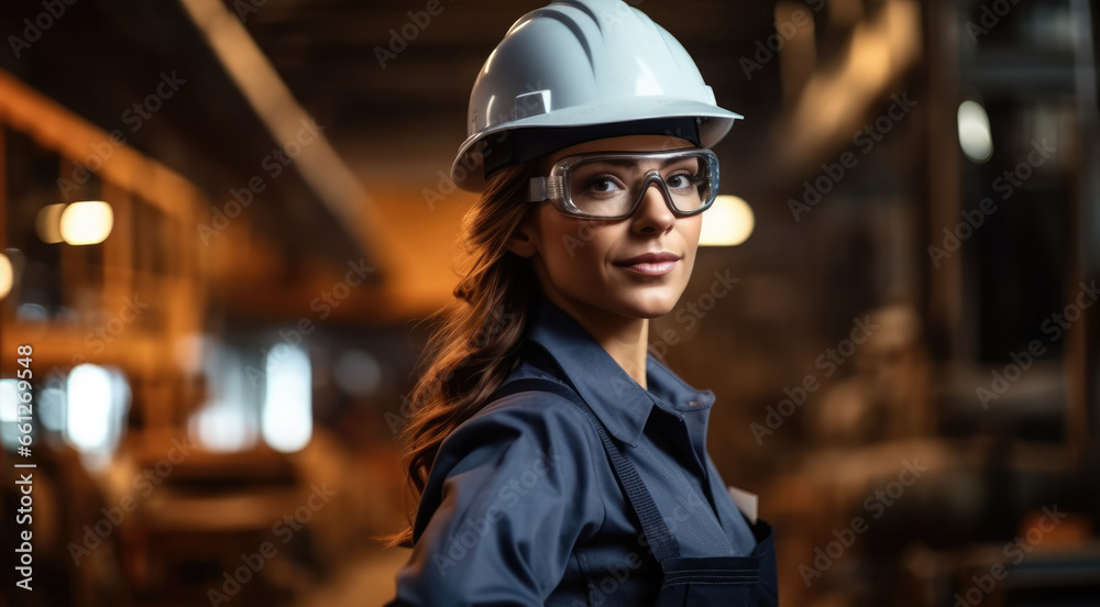 Female worker wearing a safety helmet working in the production line at industry factory.