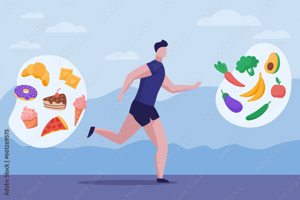 Man running away from sweets and desserts vector illustration. Male athlete exercising and choosing healthy food, vegetables and fruits to lose weight. Health care, food, sport concept