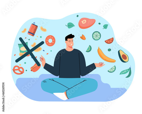 Young man rejecting junk food vector illustration. Person eating fruits, vegetables, meat and healthy alternatives, making positive changes to stay fit. Health care, food, weight loss concept