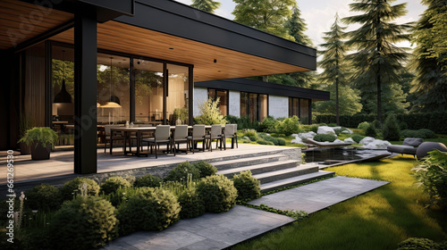 View of luxurious modern house exterior with dining space and garden © Ziyan Yang