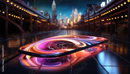 the image highlights an iphone with glowing lights, in the style of hyper-realistic sci-fi, rounded, digital neon, playful streamlined forms, hyper-detailed, transportcore, swirling vortexes