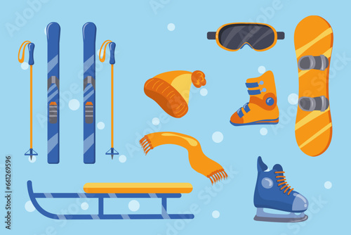 Winter sports equipment or tools vector illustrations set. Cartoon drawings of skis and poles, snowboard, skates, sled, goggles, hat, scarf, boot. Winter sports, equipment, entertainment concept