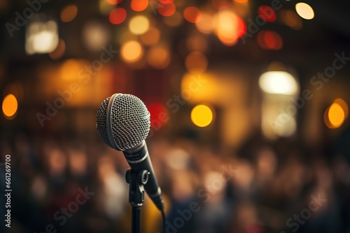 Microphone in concert hall or conference room with audience blurred background.