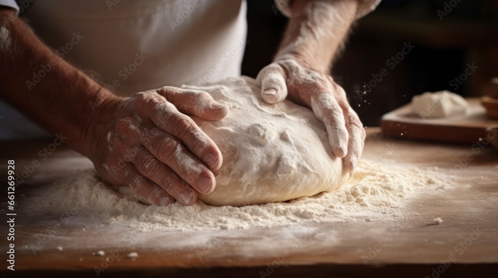 dough being kneaded to make bread in bakery