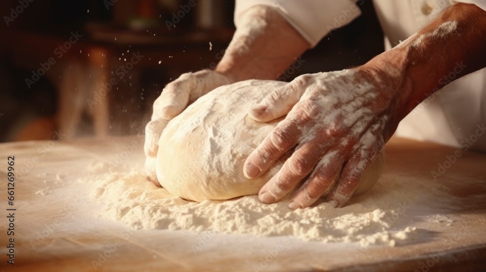 dough being kneaded to make bread in bakery by man